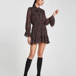 Zara black red rose bell sleeve dress